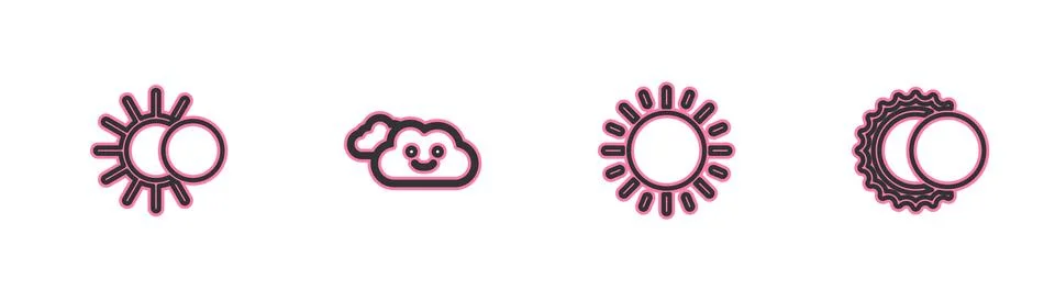 Set line Eclipse of the sun, Sun, Cloud and  icon. Vector Stock Illustration