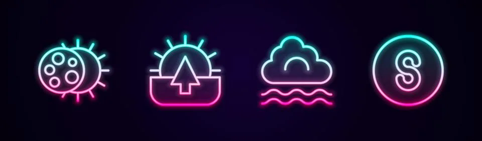 Set line Eclipse of the sun, Sunrise, Fog and cloud and Compass south. Glowing Illustrazione stock