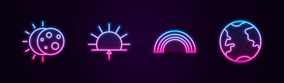 Set line Eclipse of the sun, Sunrise, Rainbow and Earth globe. Glowing neon icon 스톡 일러스트