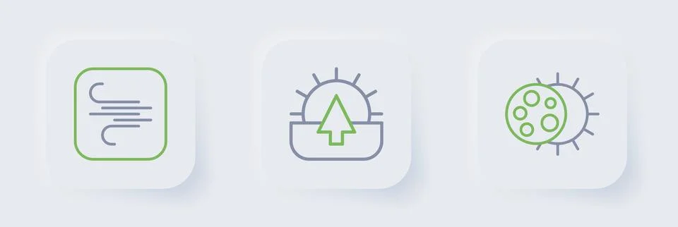 Set line Eclipse of the sun, Sunrise and Wind icon. Vector Illustrazione stock