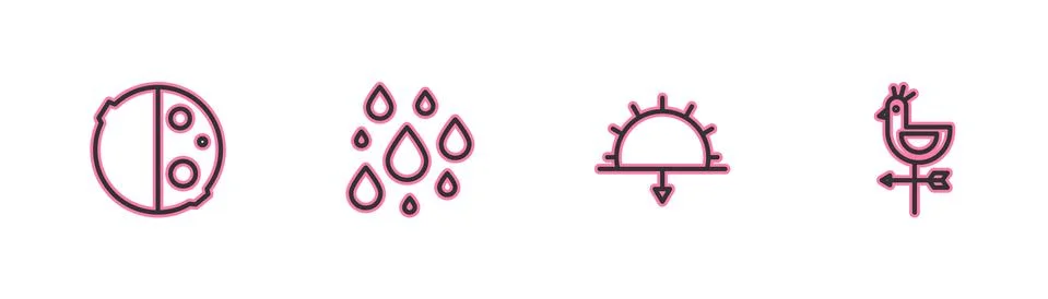 Set line Eclipse of the sun, Sunset, Water drop and Rooster weather vane icon Stock Illustration