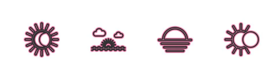Set line Eclipse of the sun, Sunset, and icon. Vector Stock Illustration