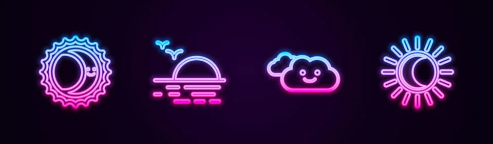 Set line Eclipse of the sun, Sunset, Cloud and . Glowing neon icon. Vector イラスト素材