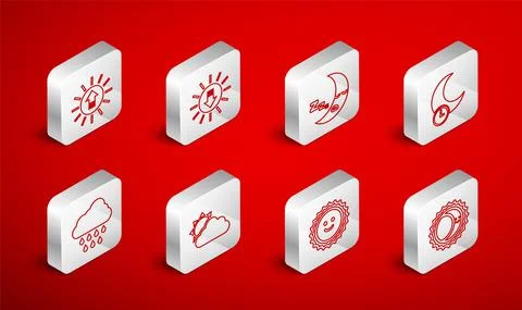 Set line Eclipse of the sun, Sunset, Moon icon, Sleeping moon, and cloud weather Ilustração Stock