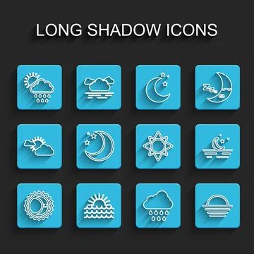 Set line Eclipse of the sun, Sunset, Cloud with rain and, Moon stars, and icon Ilustração Stock