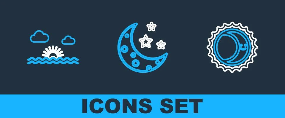 Set line Eclipse of the sun, Sunset and Moon and stars icon. Vector 스톡 일러스트