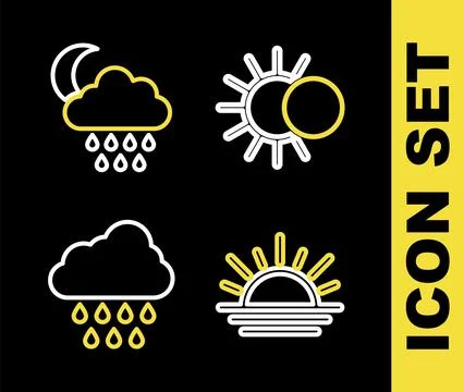 Set line Eclipse of the sun, Sunset, Cloud with rain and and moon icon. Vector Illustrazione stock