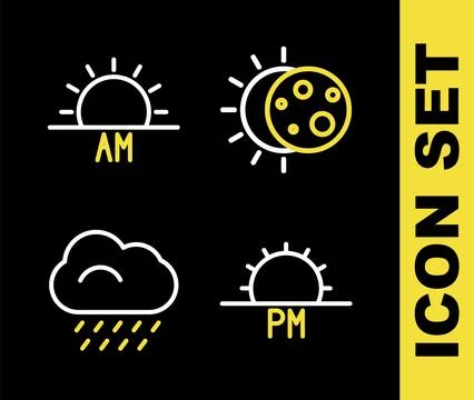 Set line Eclipse of the sun, Sunset, Cloud with rain and Sunrise icon. Vector 스톡 일러스트