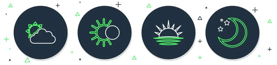 Set line Eclipse of the sun, Sunset, and cloud weather and Moon stars icon... 스톡 일러스트