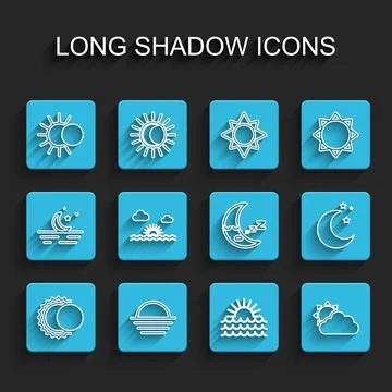 Set line Eclipse of the sun, Sunset, and cloud weather, Moon stars and icon.. 스톡 일러스트