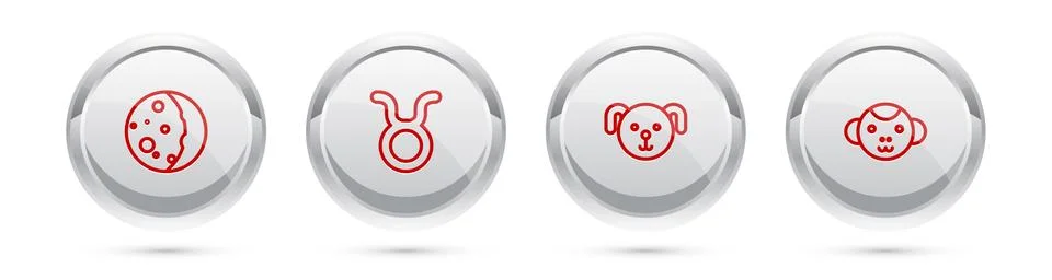 Set line Eclipse of the sun, Taurus zodiac, Dog and Monkey. Silver circle button Stock Illustration