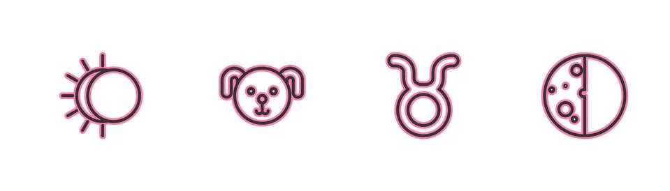 Set line Eclipse of the sun, Taurus zodiac, Dog and icon. Vector Stock Illustration