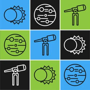 Set line Eclipse of the sun, Telescope and Planet Mars icon. Vector 스톡 일러스트