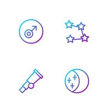Set line Eclipse of the sun, Telescope, Mars symbol and Star constellation .. Stock Illustration