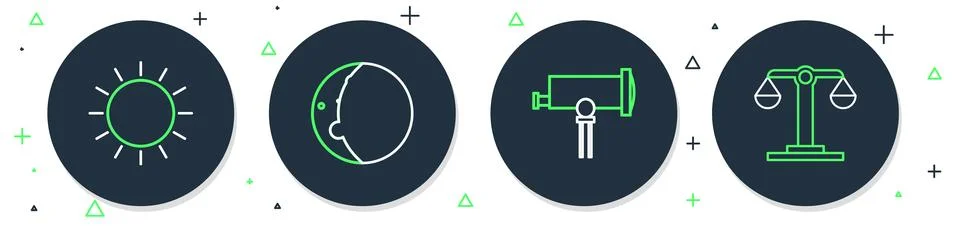 Set line Eclipse of the sun, Telescope, Sun and Libra zodiac icon. Vector 스톡 일러스트