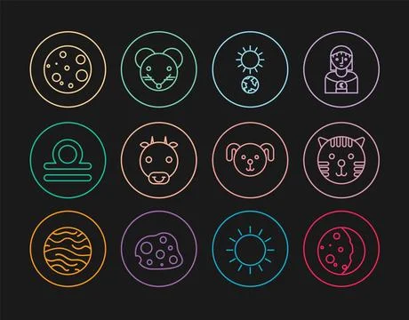 Set line Eclipse of the sun, Tiger zodiac, Solstice, Ox, Libra, Moon, Dog a.. 스톡 일러스트
