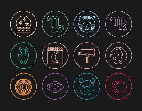 Set line Eclipse of the sun, Tiger zodiac, Moon phases calendar, Horse, Mag.. Ilustração Stock