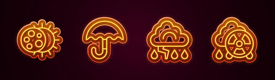 Set line Eclipse of the sun, Umbrella, Cloud and lightning and Acid rain イラスト素材
