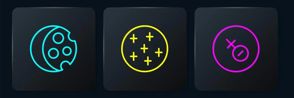 Set line Eclipse of the sun, Venus symbol and Full moon. Black square button Ilustração Stock