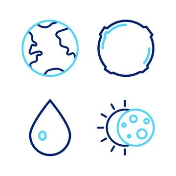 Set line Eclipse of the sun, Water drop, Moon and Earth globe icon. Vector Ilustração Stock