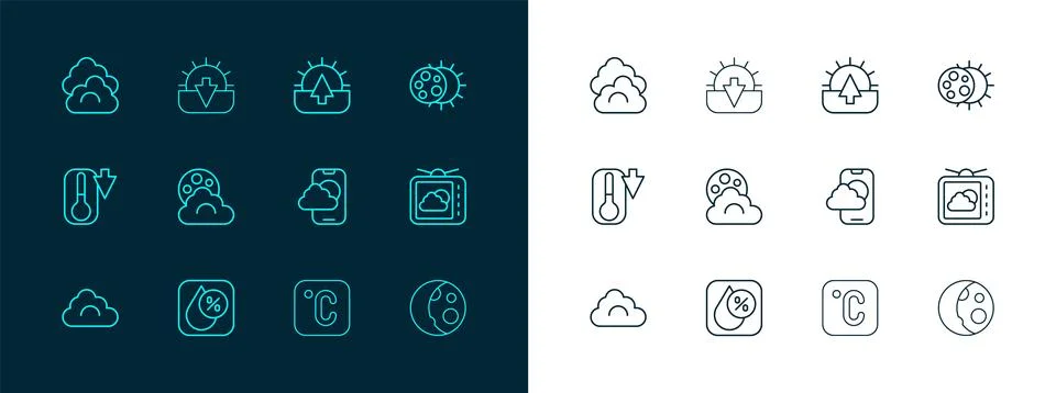 Set line Eclipse of the sun, Water drop percentage, Weather forecast app, C.. 스톡 일러스트