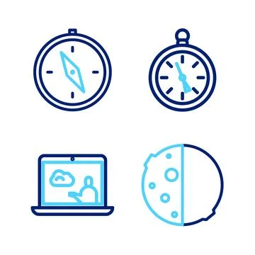 Set line Eclipse of the sun, Weather forecast, Compass and  icon. Vector Stock Illustration