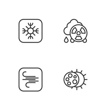 Set line Eclipse of the sun, Wind, Snowflake and Acid rain radioactive cloud  Stock Illustration