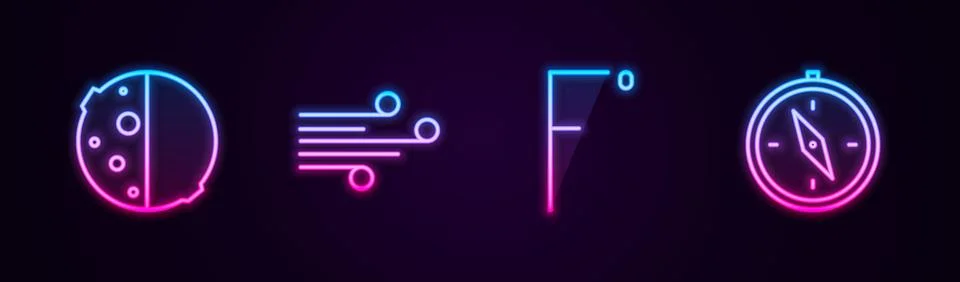 Set line Eclipse of the sun, Wind, Fahrenheit and Compass. Glowing neon icon 스톡 일러스트
