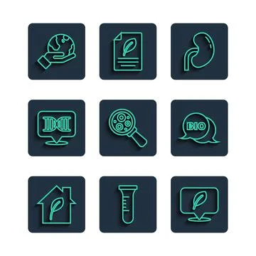 Set line Eco friendly house, Test tube and flask, Location with leaf, Human Stock Illustration