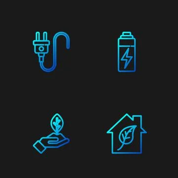 Set line Eco friendly house, Plant in hand, Electric plug and Battery. Grad.. Stock Illustration