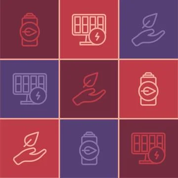 Set line Eco nature leaf battery, Leaf in hand and Solar energy panel icon... 库存插图