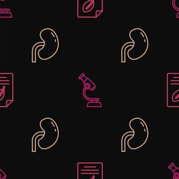 Set line Eco paper with leaf, Human kidney and Microscope on seamless pattern Illustrazione stock