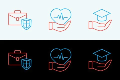 Set line Education grant, Briefcase with shield and Life insurance icon. Vect Stock Illustration