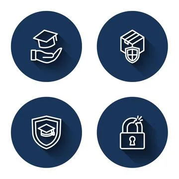 Set line Education grant, Delivery security with shield, Graduation cap and Stock Illustration
