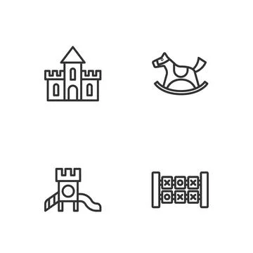 Set line Education logic game, Slide playground, Sand castle and Horse in saddle Ilustración de archivo