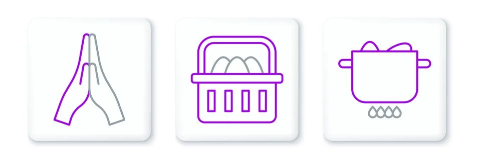 Set line Egg in hot pot, Hands praying position and Basket with easter eggs i Stock Illustration