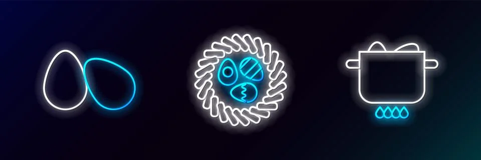 Set line Egg in hot pot, Easter eggs and wicker nest icon. Glowing neon. Vect Stockillustratie