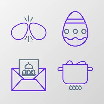 Set line Egg in hot pot, Greeting card with Happy Easter, egg and eggs icon.. 스톡 일러스트
