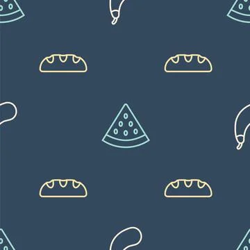 Set line Eggplant, Bread loaf and Watermelon on seamless pattern. Vector Stock Illustration