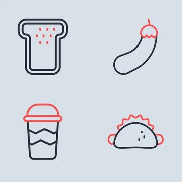 Set line Eggplant, Coffee cup to go, Taco with tortilla and Bread toast ico.. Stock Illustration