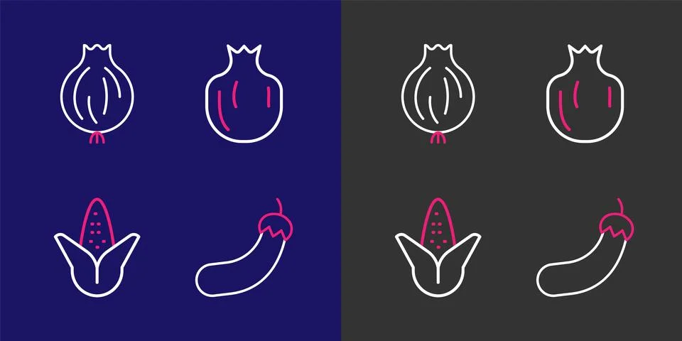 Set line Eggplant, Corn, Pomegranate and Garlic icon. Vector Stock Illustration