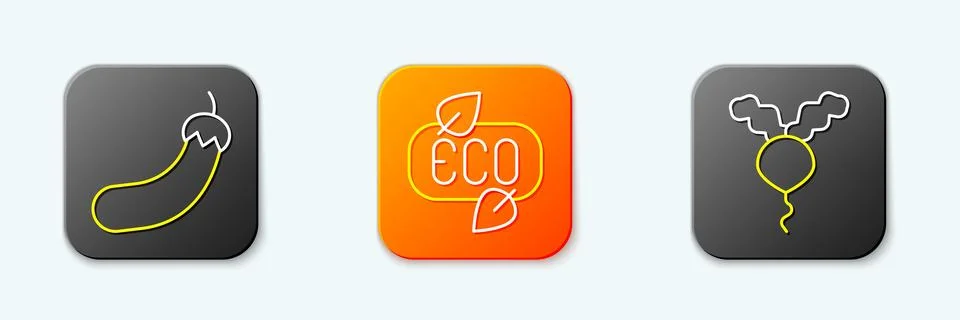 Set line Eggplant, Leaf Eco symbol and Radish icon. Vector Stock Illustration