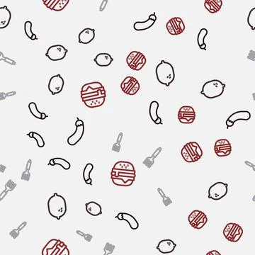 Set line Eggplant, Lemon, Fork and Burger on seamless pattern. Vector Illustrazione stock