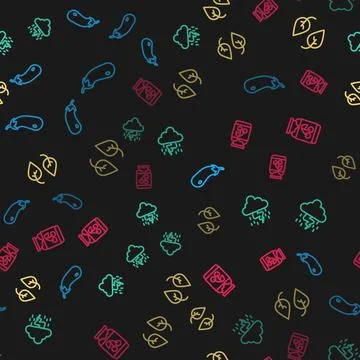 Set line Eggplant, Storm, Leaf and Jam jar on seamless pattern. Vector Illustrazione stock