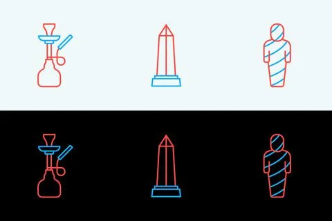 Set line Egypt mummy, Hookah and Obelisk of Alexandria icon. Vector Stock Illustration