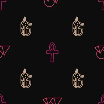 Set line Egypt pyramids, Egyptian anubis and Cross ankh on seamless pattern Stock Illustration