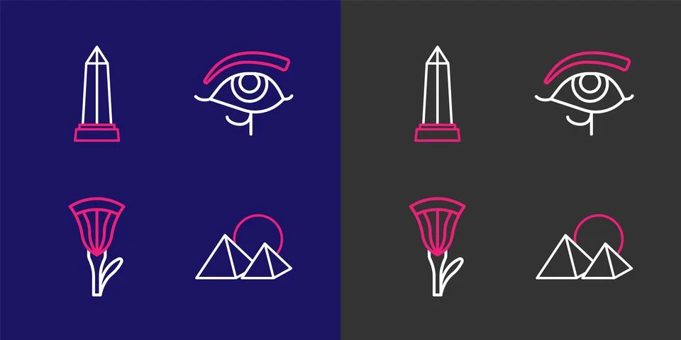 Set line Egypt pyramids, Egyptian lotus, Eye of Horus and Obelisk Alexandri.. Stock Illustration