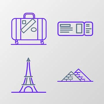 Set line Egypt pyramids, Eiffel tower, Travel ticket and Suitcase for trave.. 스톡 일러스트
