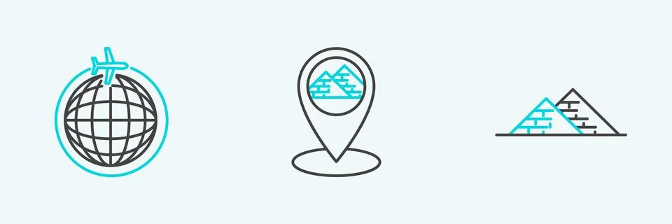 Set line Egypt pyramids, Globe with flying plane and Map pointer icon. Vector Illustrazione stock