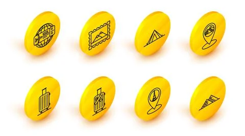 Set line Egypt pyramids, Map pointer with Eiffel tower, Suitcase for travel.. 스톡 일러스트